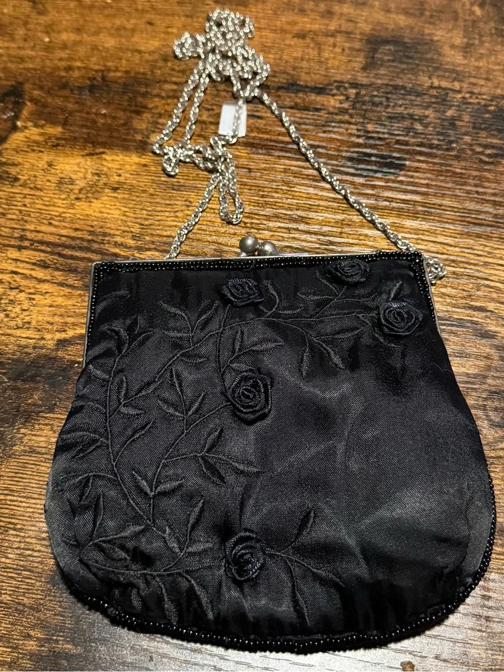 Black Satin Embroidered Rosette Kisslock Coquette Y2k Evening Shoulder Chain Bag